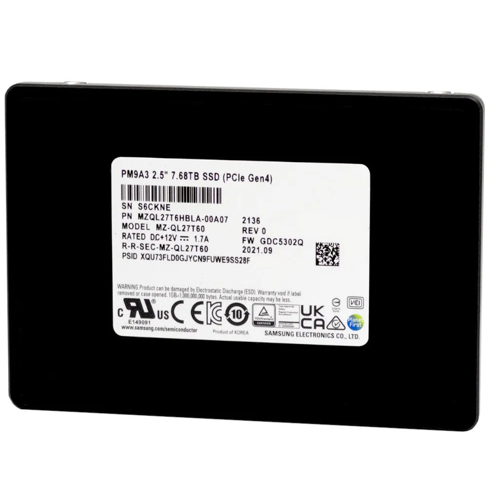 Samsung PM9A3 MZ-QL27T60 MZQL27T6HBLA-00A07 7.68TB PCIe Gen 4.0 x4 8GB/s U.2 NVMe 2.5in Recertified Solid State Drive