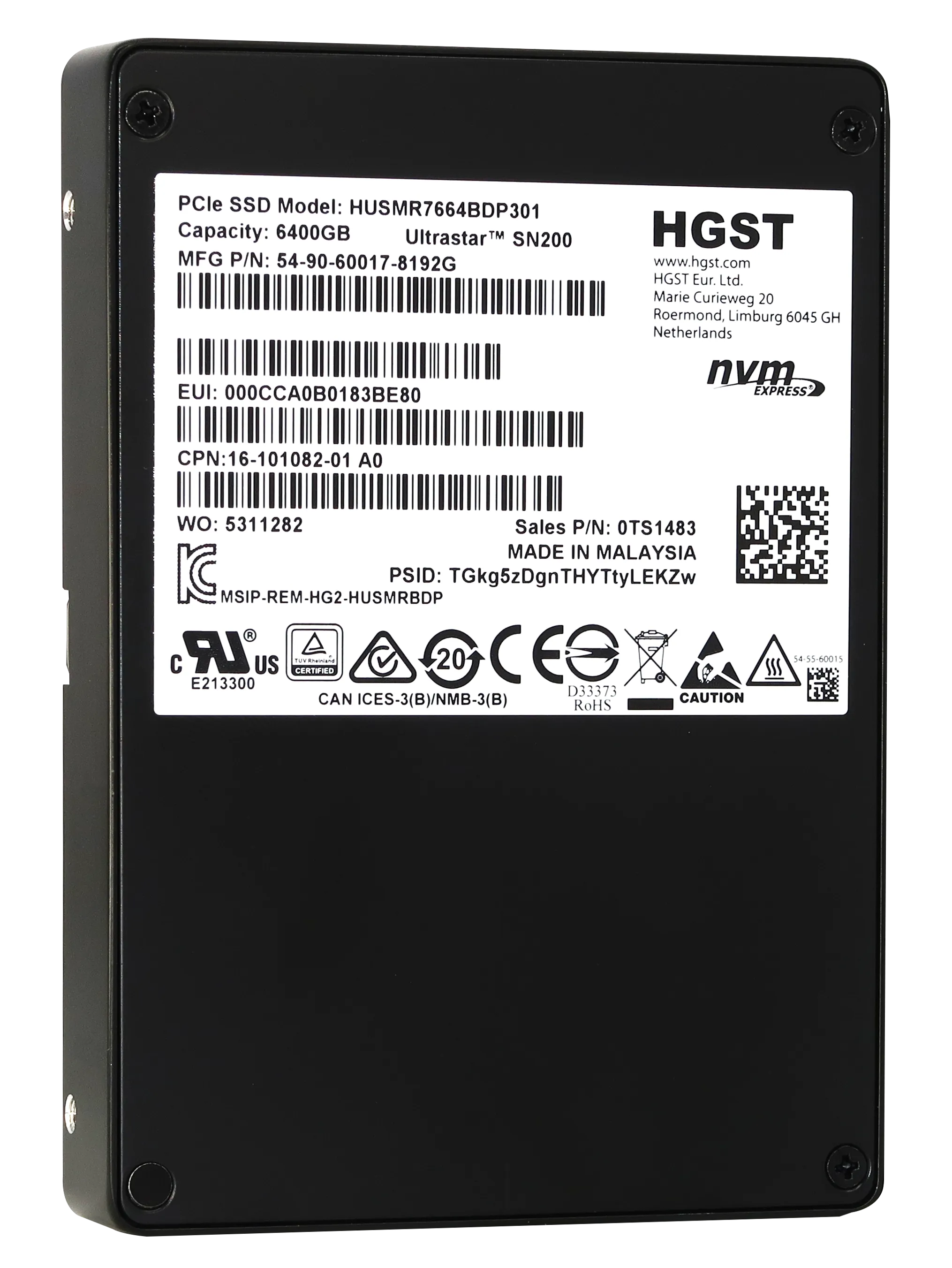 Western Digital Ultrastar DC SN200 HUSMR7664BDP301 0TS1317 6.4TB PCIe Gen 3.0 x4 4GB/s U.2 NVMe 3DWPD MLC 2.5in Solid State Drive