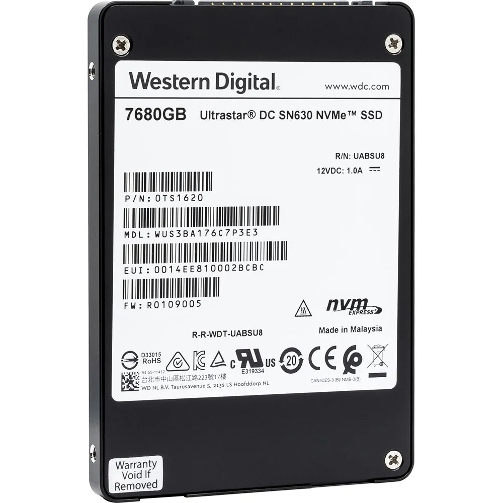 Western Digital Ultrastar DC SN630 WUS3BA176C7P3E3 7.68TB PCIe Gen 3.0 x4 8GB/s U.2 NVMe 2.5in Solid State Drive