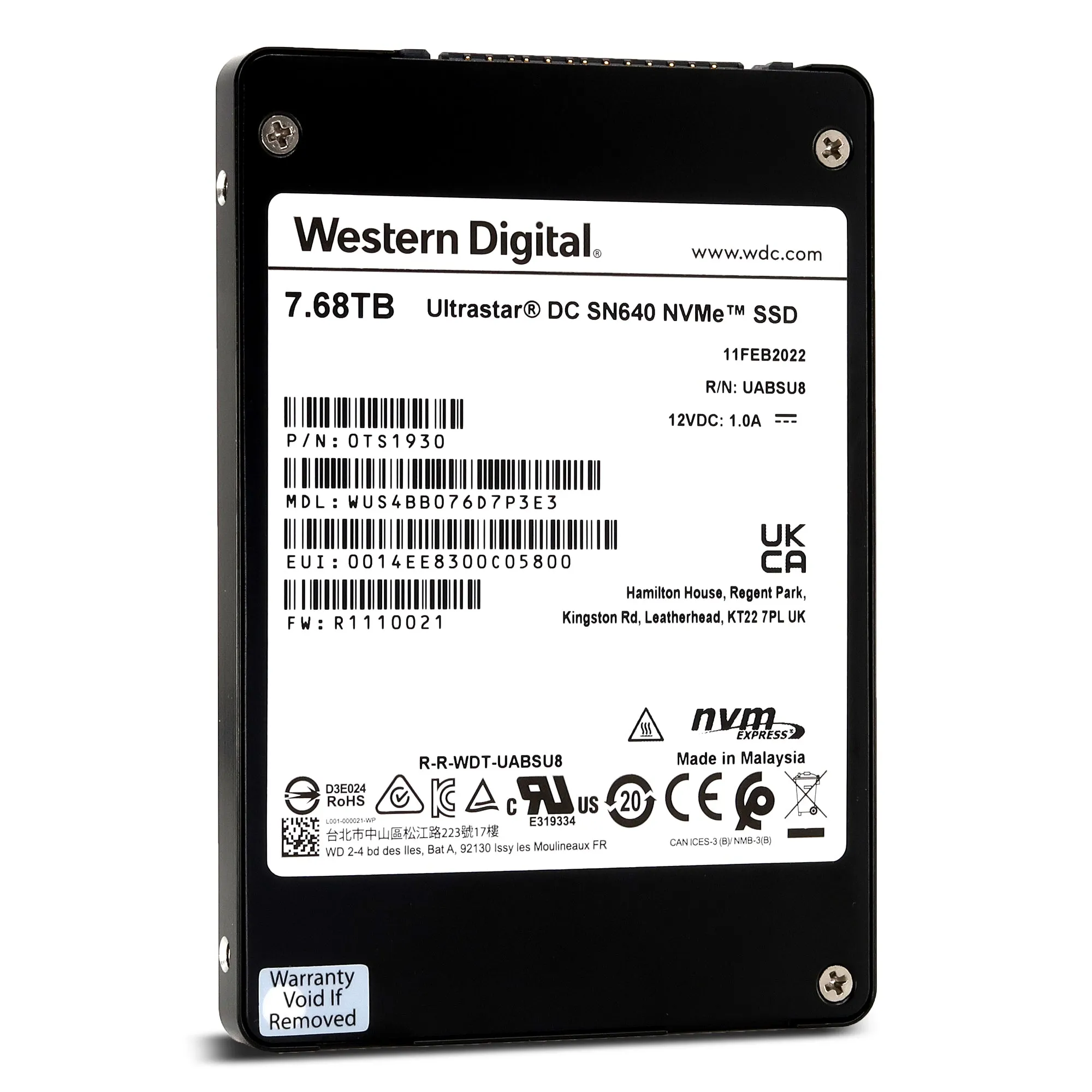 Western Digital Ultrastar DC SN640 WUS4BB076D7P3E3 0TS1930 7.68TB PCIe Gen3.1 x4 4GB/s U.2 NVMe 3D TLC 2.5in Solid State Drive
